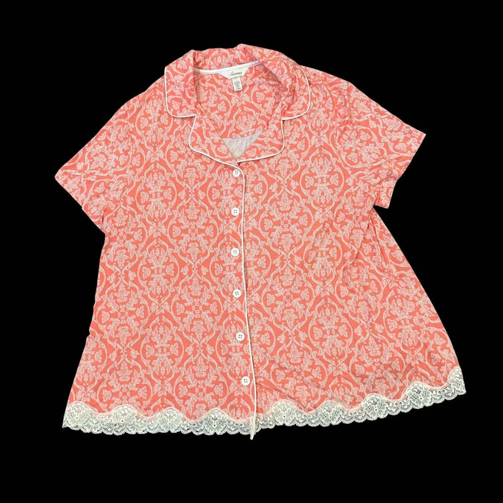 Soma Intimates XL Pajama Top Coral Peach Paisley Lace Hem Short Sleeve Button